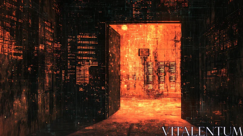 Cyberpunk data corridor with luminous gateway aperture.