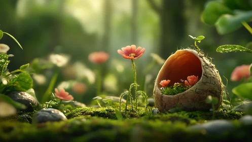 Miniature forest bloom cradled inside cracked seed shell.