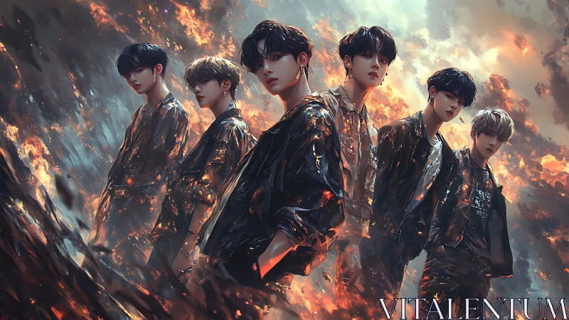 Six stylized young men stand in fiery digital landscape.