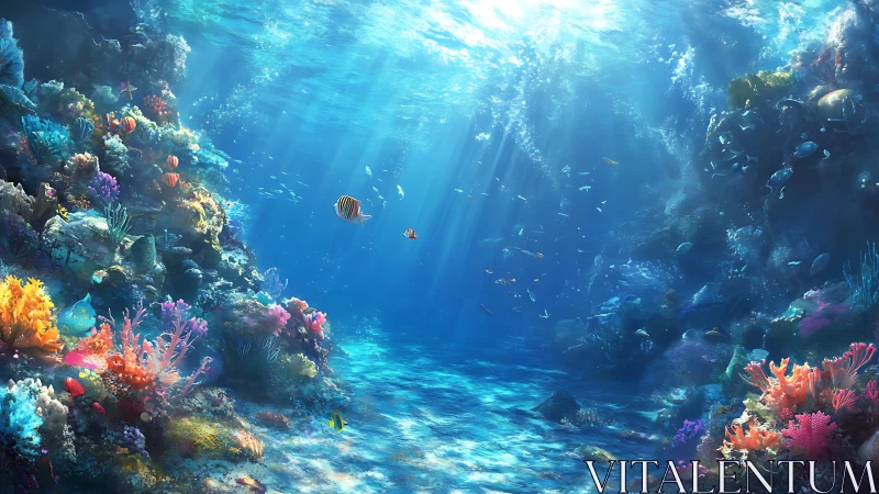 Underwater coral reef scene shows diverse fish and strong light
