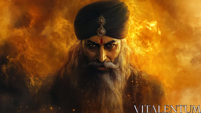 Fierce turbaned elder gazes through swirling golden fire