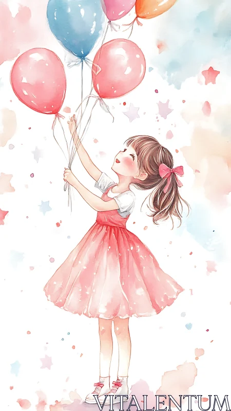 Young Girl Ascending With Multicolored Balloons in Watercolor Style.