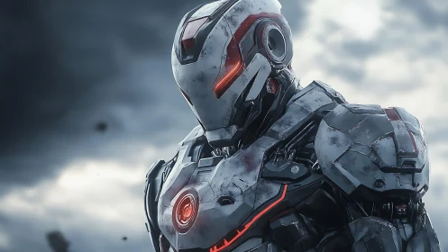 Battle-worn autonomous exosuit with luminous sensor arrays.