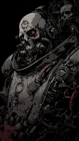 Cybernetic skull warlord in biomechanical exosuit armor.