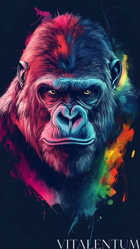 Neon-Edged Gorilla Portrait in Dynamic Chromatic Splashes.