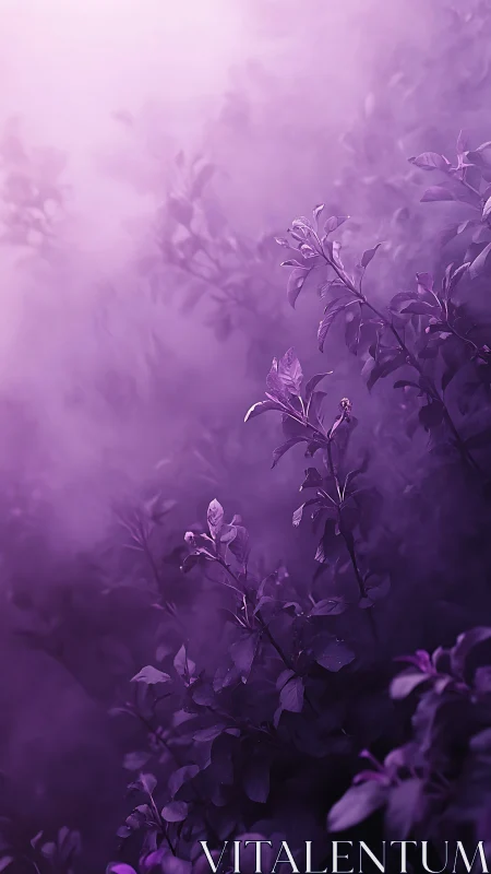 Violet foliage rises through luminous purple fog veil.