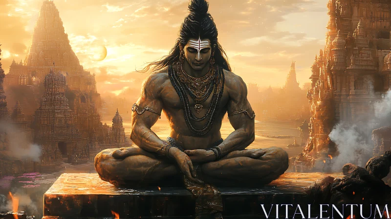 Meditative deity in temple valley at molten-gold sunset light