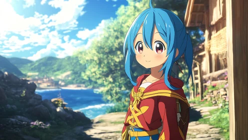 Blue haired anime girl stands on sunlit path by lakeside village
