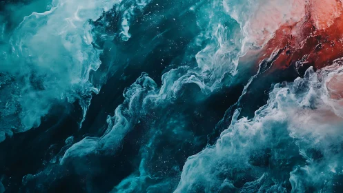 Turbulent teal and coral clouds swirl across dark water