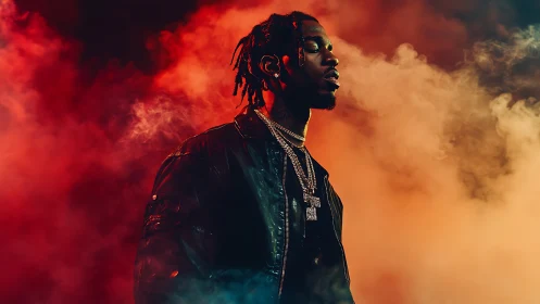 Moody hip-hop portrait amid neon smoke and warm haze.