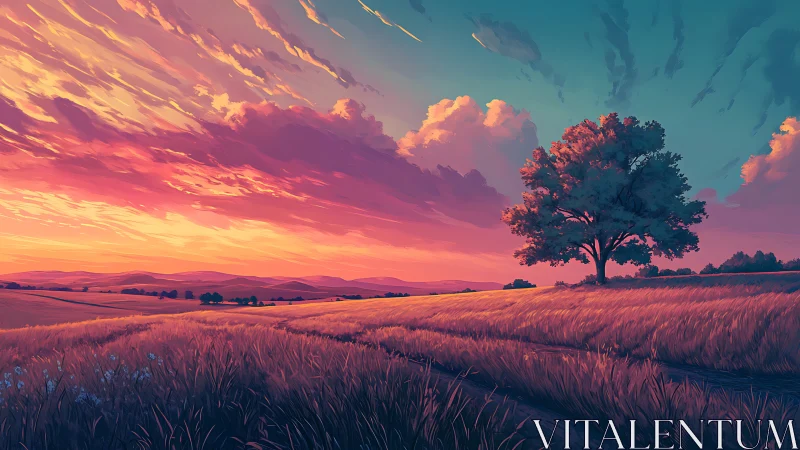 Solitary horizon tree listens close to a blazing painted dusk