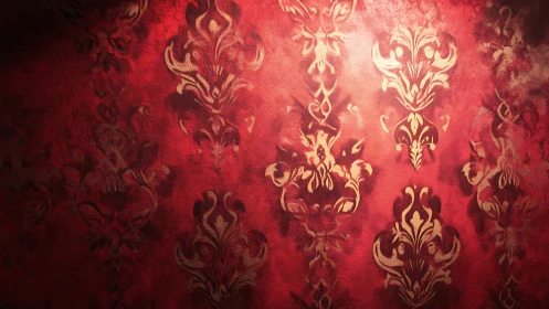 Crimson damask wallpaper with luminous baroque flourishes.