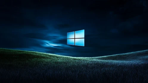 Luminous window emblem drifting above moonlit digital hills.