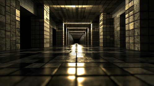 Endless tiled corridor under moody golden strip lights.