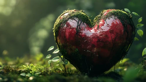 Deep Red Heart Emerges from Verdant Moss in Enchanted Forest