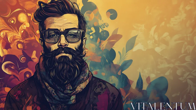 Bearded portrait in hybrid vector-ink chromatic abstraction.