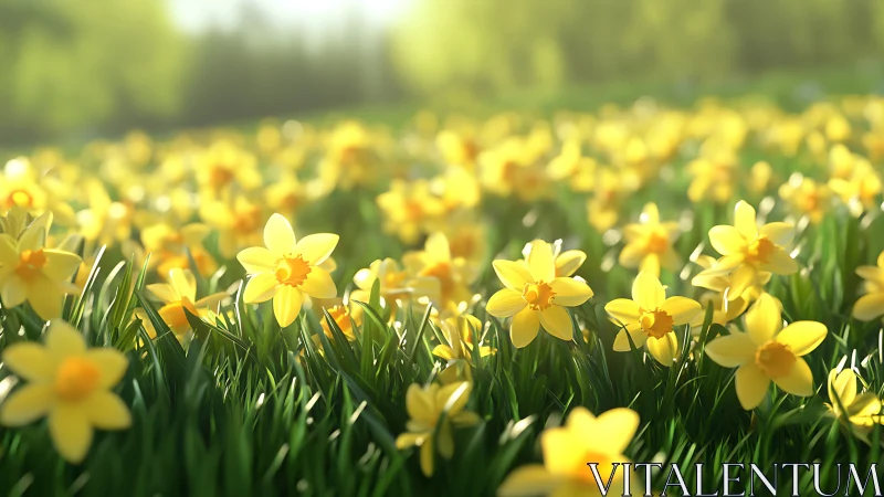 Field of Yellow Daffodils in Spring Bloom.