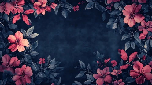 Nocturnal floral frame with desaturated foliage and coral petals.