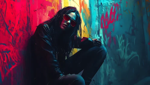 Electric alley rebel rests in neon shadows with quiet defiance