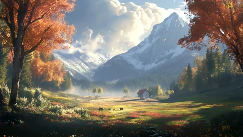 Autumn alpine meadow with cottage under snow-capped mountain light