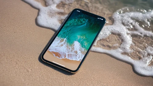Smartphone on wet shoreline sand with active display, waves
