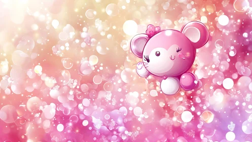 Bubble-bright pink mouse drifts through sugar-sparkle sky.