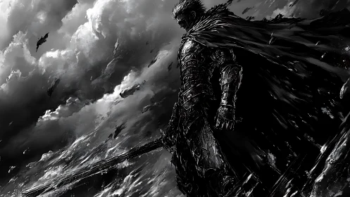 Dark armored warrior overlooking storm-torn battlefield.