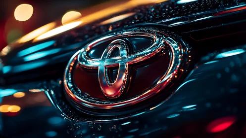 Macro view isolates wet chrome car emblem under neon bokeh