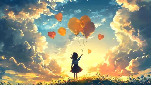 Girl holds orange balloons against bright sunset sky