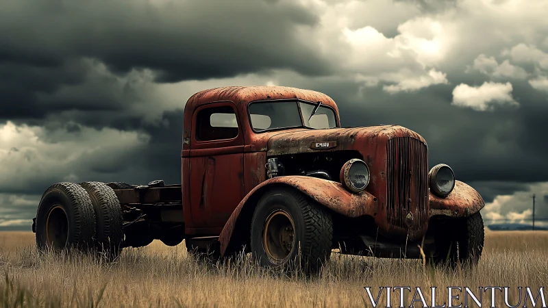 Weathered vintage truck chassis stands in open grassy field