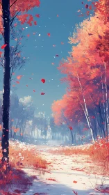 Gentle autumn forest path under a bright, endless sky.