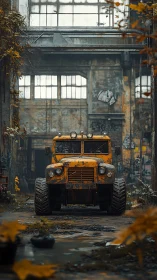 Yellow off-road truck stands in decayed industrial hall