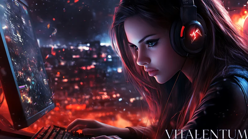 Female computer user focuses on illuminated gaming monitor