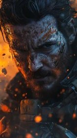 Battle-hardened soldier rendered with high-detail particle effects