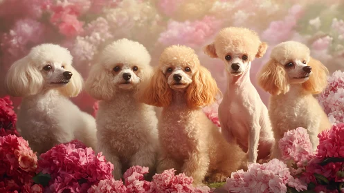 Blossom choir of poodles posing in a dreamy flower haze.