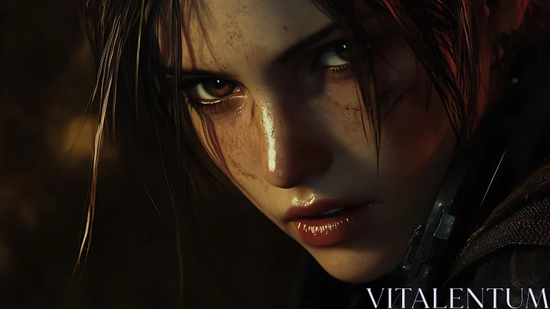 Fierce digital heroine meeting your gaze in warm light.