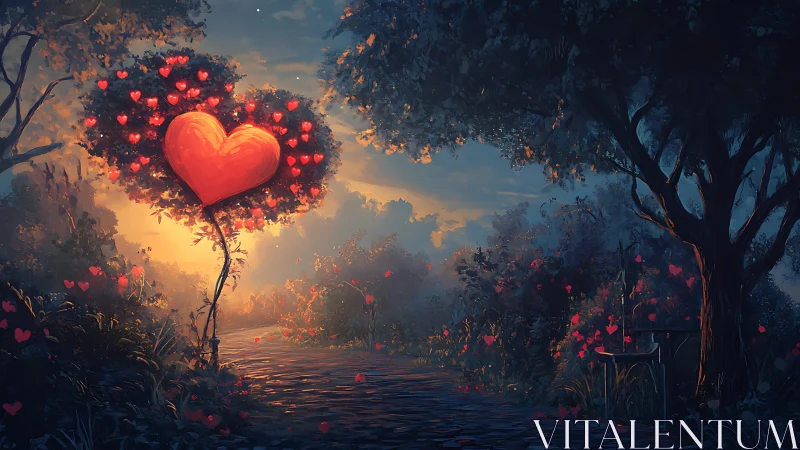 Luminous Heart Tree Nestled in Twilight Forest Landscape