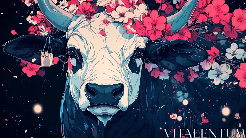 Floral crowned bull under neon blossoms, midnight palette.