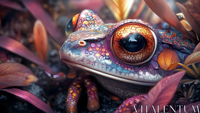 Colorful fantasy frog close-up with vivid textured eyes.