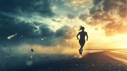 Silhouette runner breaking through dramatic stormy sunrise.