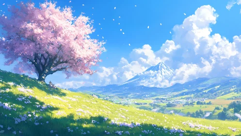 Cherry tree on hillside with distant snowcapped mountain.