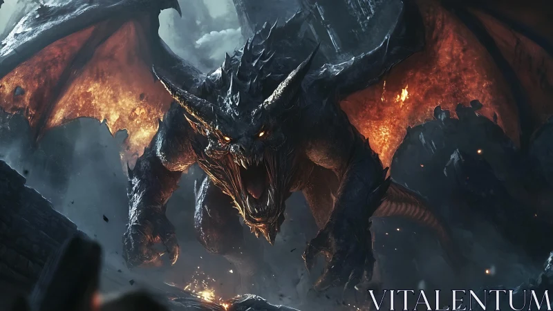 Volcanic-winged apex dragon in mid-assault atmospheric charge.