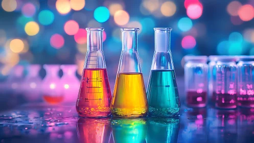 Colorful laboratory flasks with liquids under bokeh lights