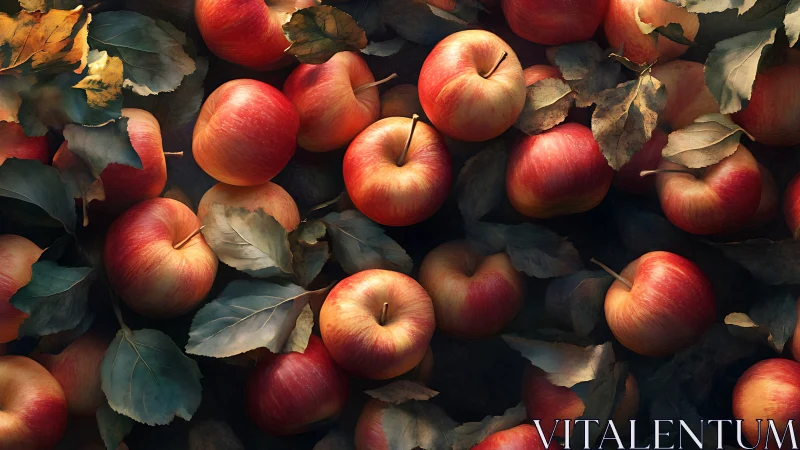 Harvest glow apples tumble through shadowed autumn leaves.