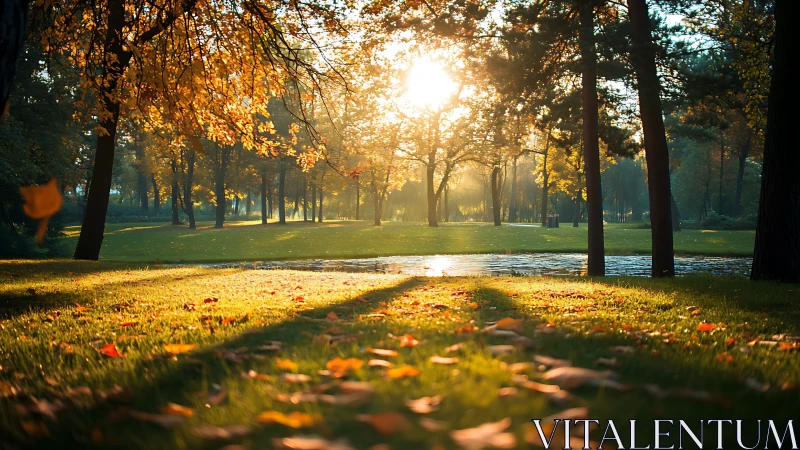 Golden autumn sun pouring through tranquil riverside trees.
