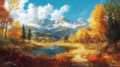 Autumn mountains encircle a tranquil lake under radiant skies.