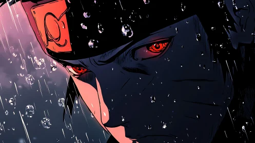Moody anime warrior in glowing rain soaked red eyed focus.