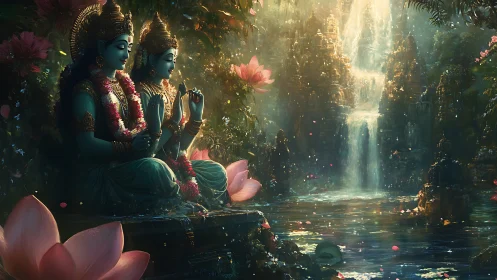 Divine turquoise deities beside luminous temple waterfall basin