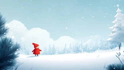 Child in red coat standing in quiet snowy winter field.