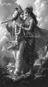 Monochromatic Classical Religious Figures in Ornate Attire and Landscape